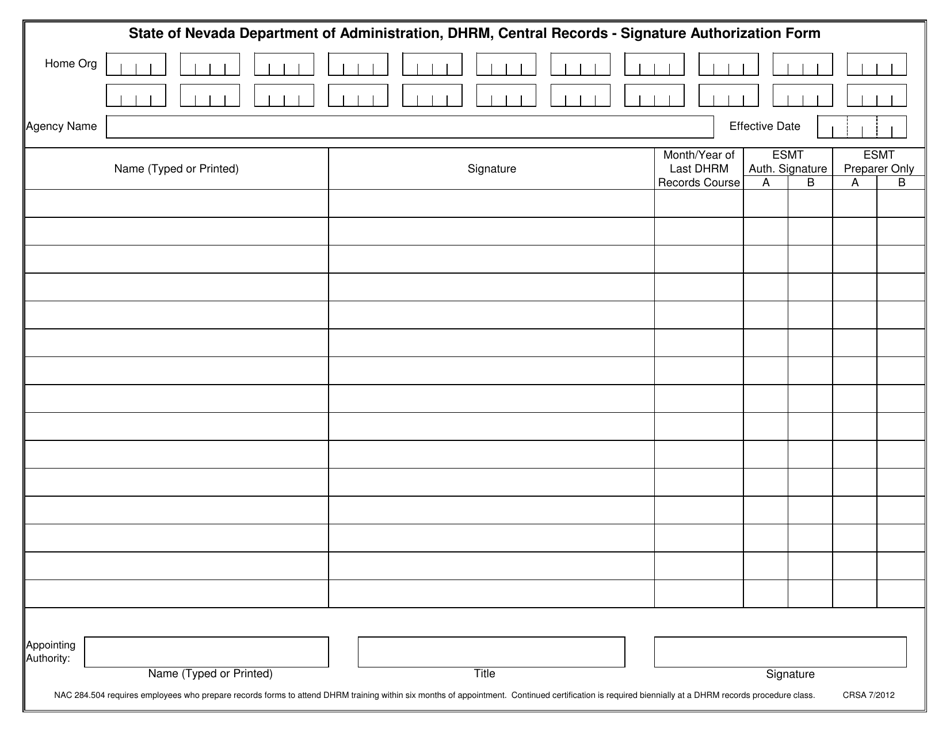 Form CRSA Signature Authorization Form - Records (Agency Use Only) - Nevada, Page 1