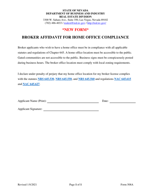 Form 508A Broker Affidavit for Home Office Compliance - Nevada