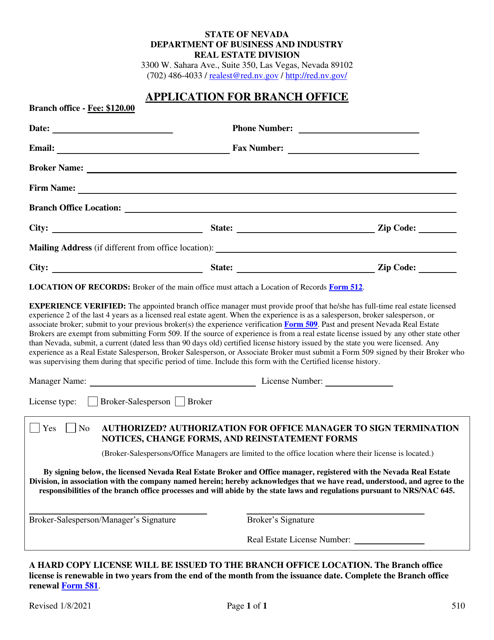 Document preview: Form 510 Application for Branch Office - Nevada