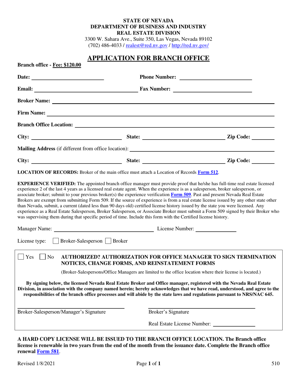 Form 510 Download Fillable PDF or Fill Online Application for Branch