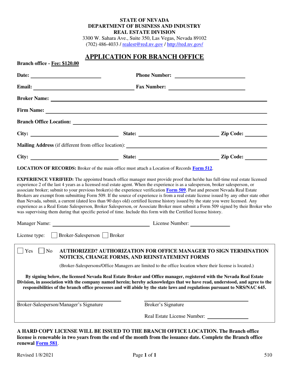 Form 510 Application for Branch Office - Nevada, Page 1