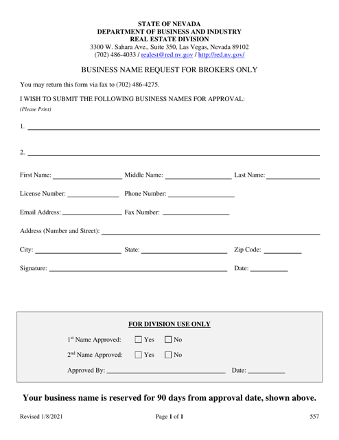 Form 557 Business Name Request for Brokers Only - Nevada