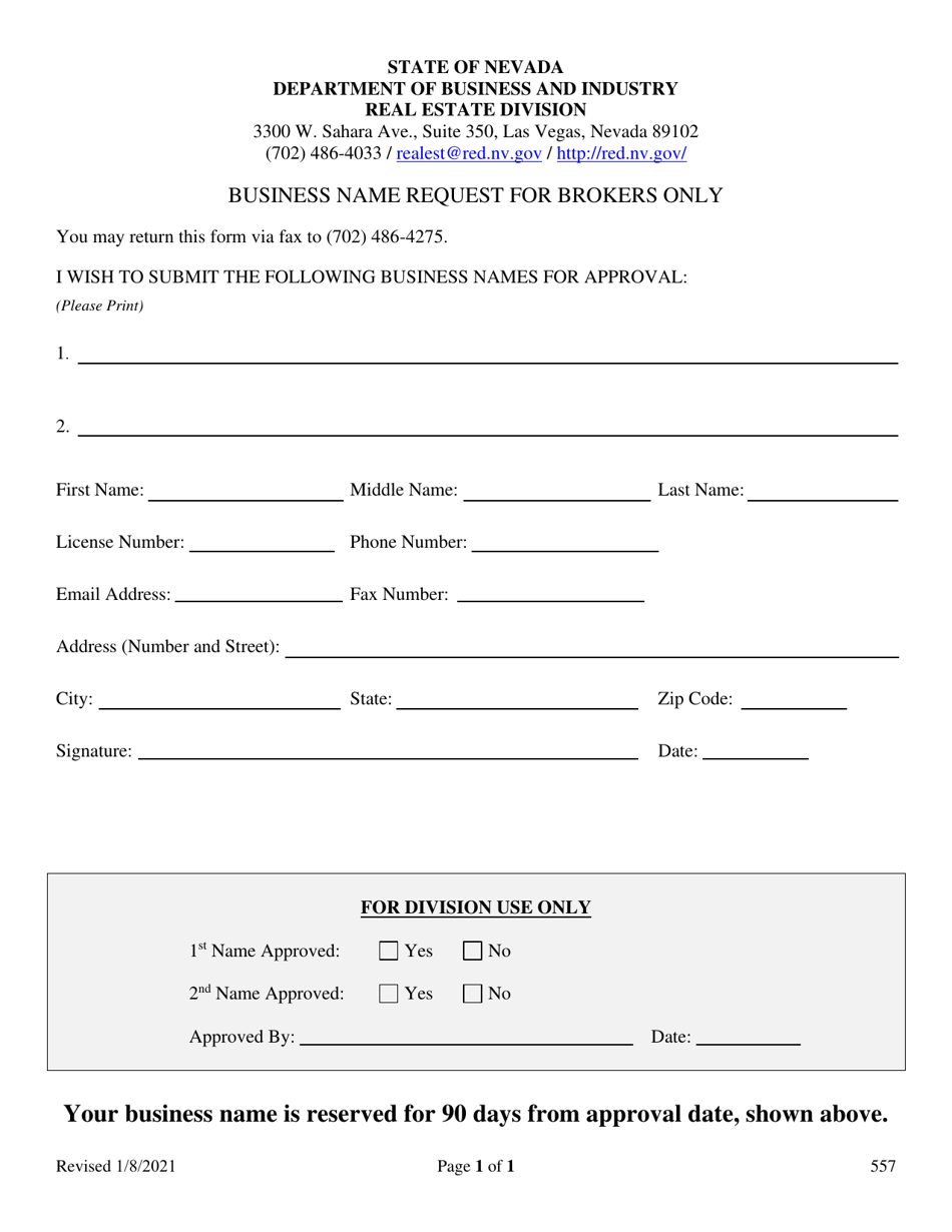 Form 557 Business Name Request for Brokers Only - Nevada, Page 1