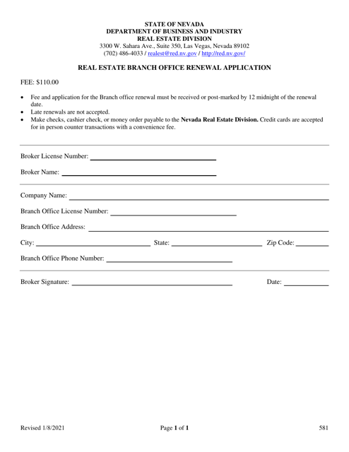 Form 581 Real Estate Branch Office Renewal Application - Nevada