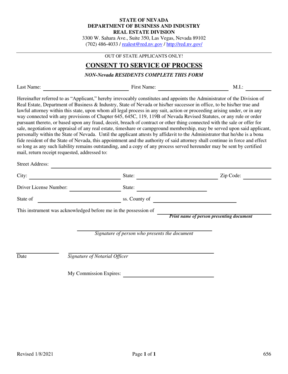 Form 656 Consent to Service of Process - Nevada, Page 1