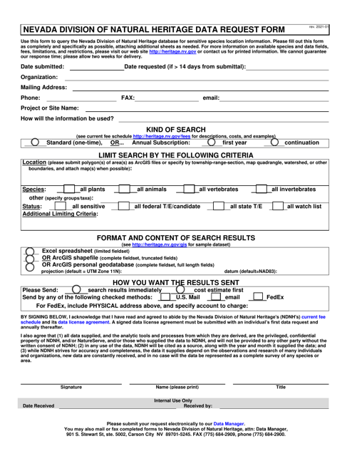 Nevada Division of Natural Heritage Data Request Form - Nevada Download Pdf