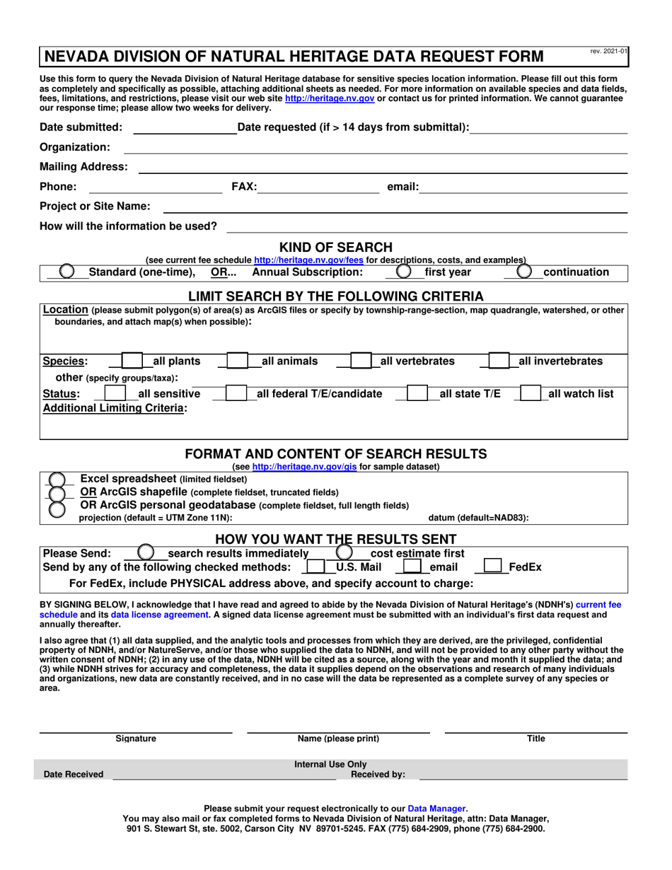 Nevada Division of Natural Heritage Data Request Form - Nevada, Page 1