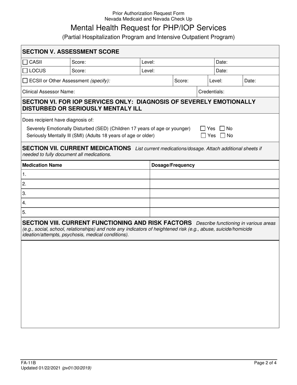 Form FA-11B Mental Health Request for Php / Iop Services (Partial Hospitalization Program and Intensive Outpatient Program) - Nevada, Page 2