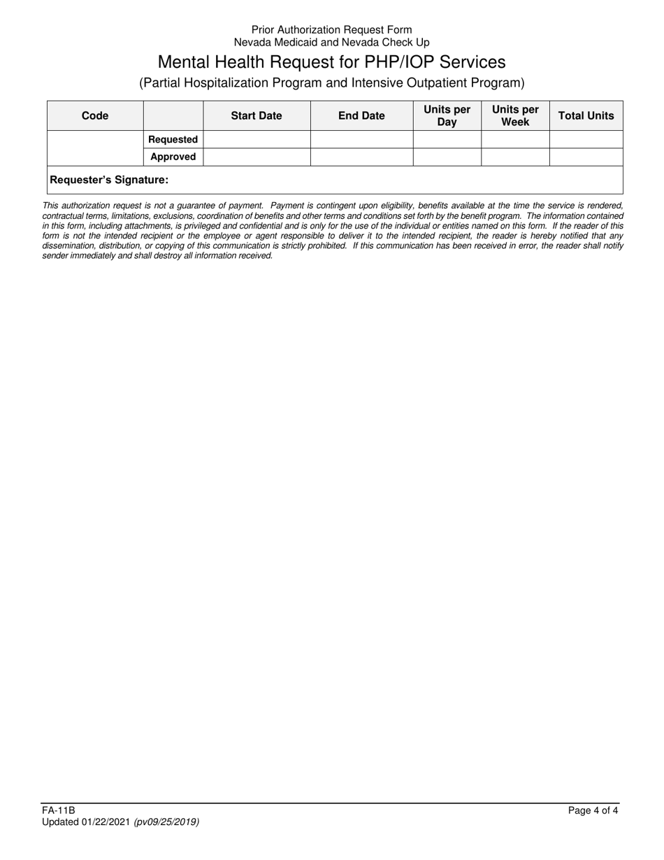 Form FA-11B Mental Health Request for Php / Iop Services (Partial Hospitalization Program and Intensive Outpatient Program) - Nevada, Page 4