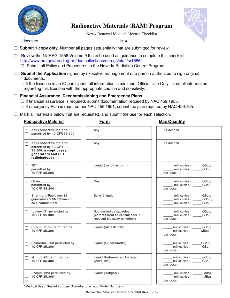 Radioactive Materials (Ram) Program New / Renewal Medical License Checklist - Nevada, Page 1