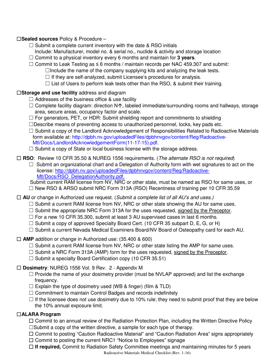 Radioactive Materials (Ram) Program New / Renewal Medical License Checklist - Nevada, Page 3