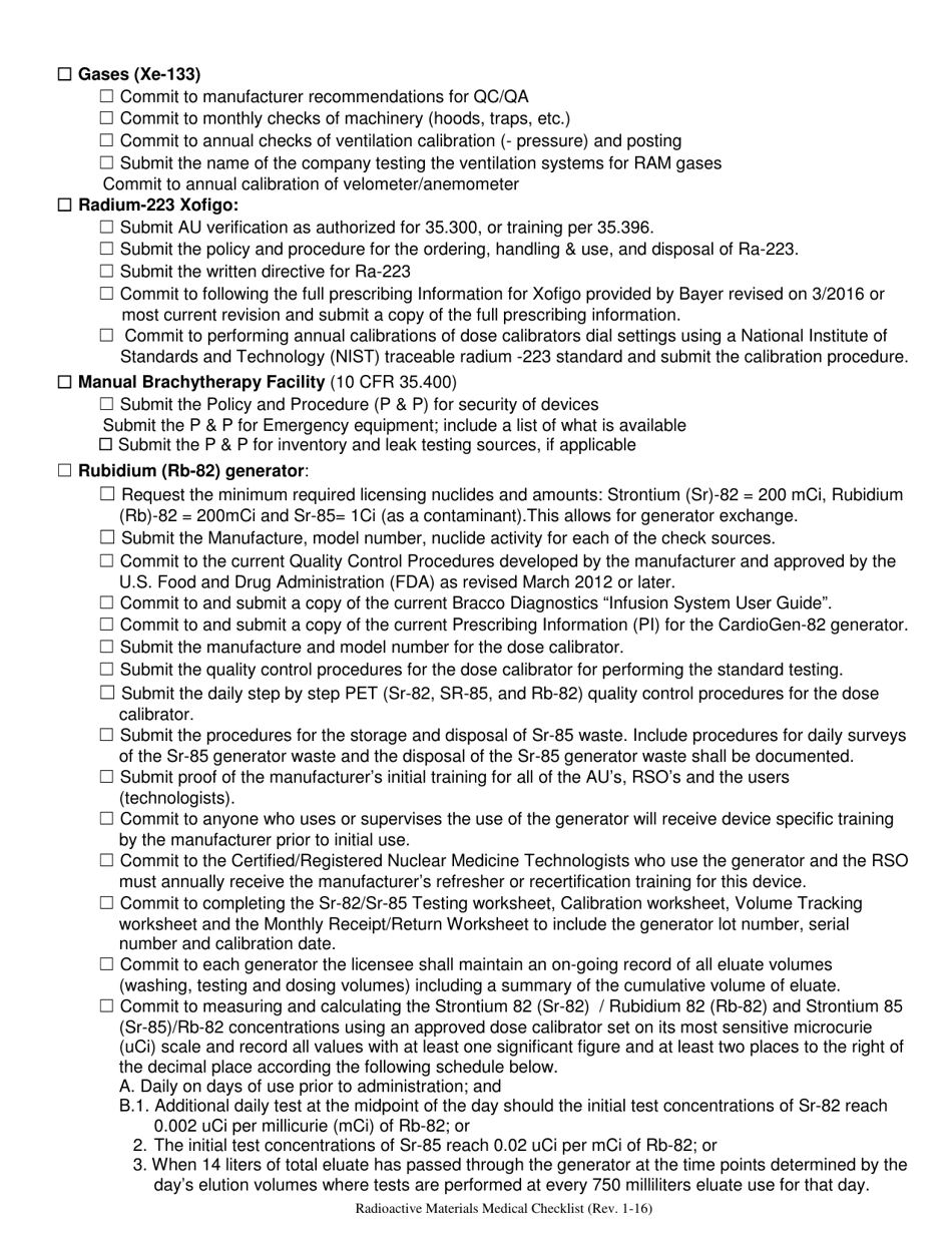 Radioactive Materials (Ram) Program New / Renewal Medical License Checklist - Nevada, Page 5