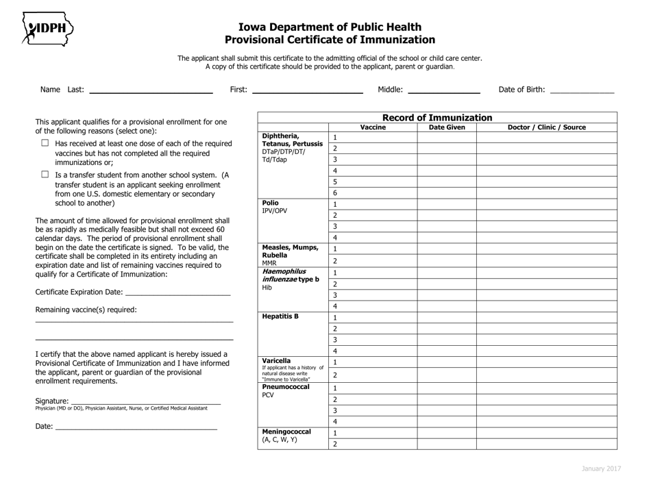 Provisional Certificate of Immunization - Iowa, Page 1