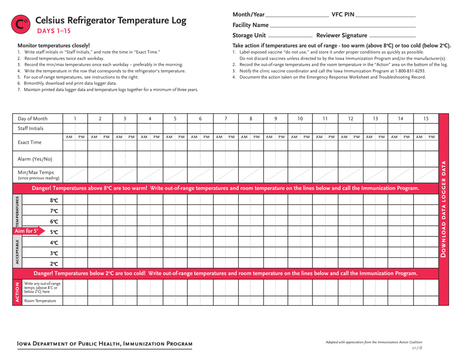 Celsius Refrigerator Temperature Log - Days 1-15 - Iowa, Page 1