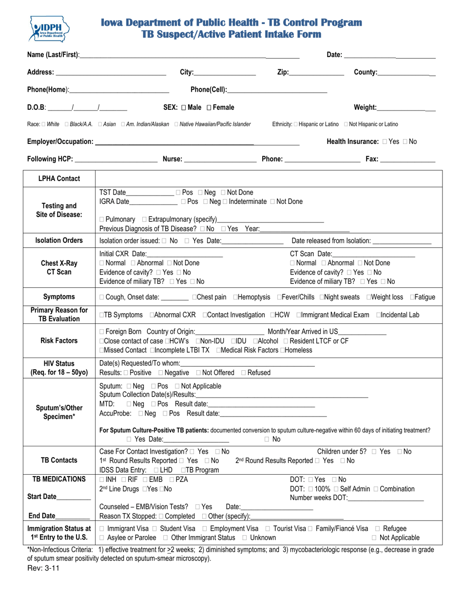 Tb Suspect / Active Patient Intake Form - Iowa, Page 1