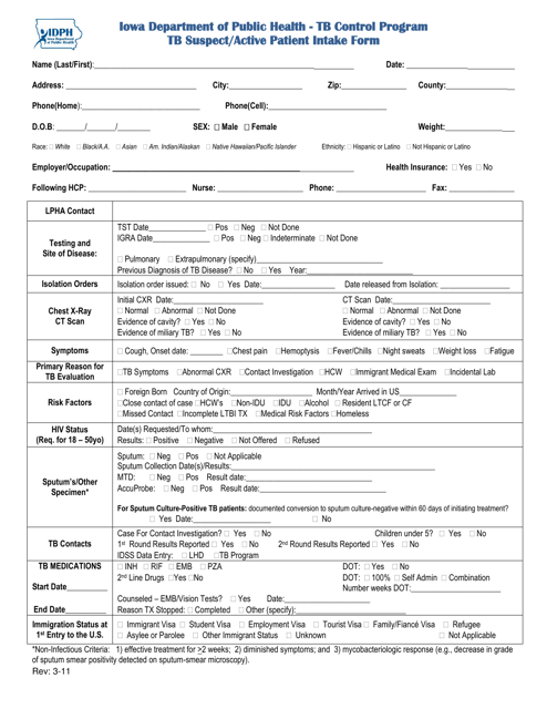 Tb Suspect / Active Patient Intake Form - Iowa Download Pdf