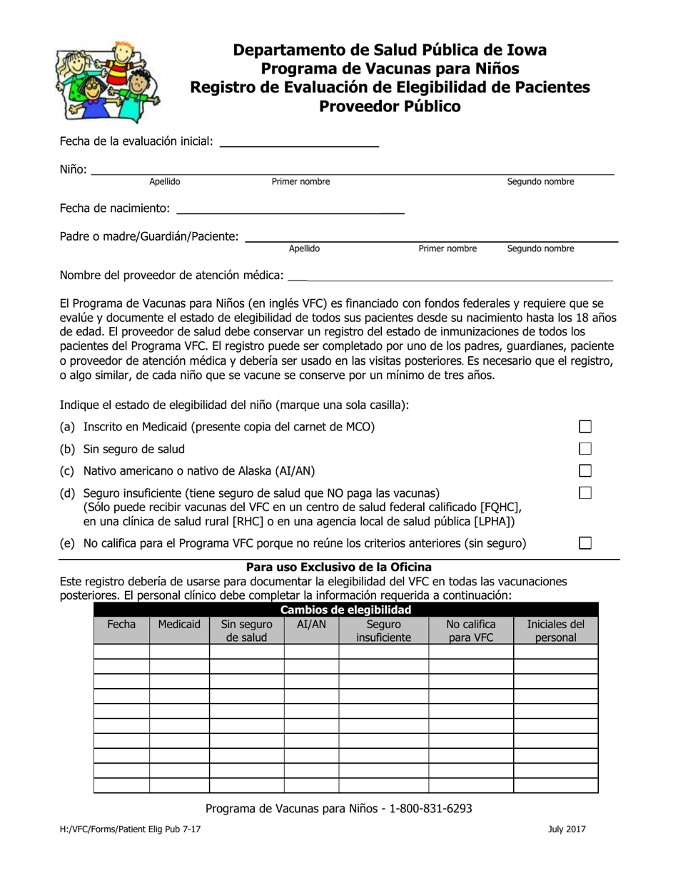 Programa De Vacunas Para Ninos Registro De Evaluacion De Elegibilidad De Pacientes Proveedor Publico - Iowa (Spanish), Page 1