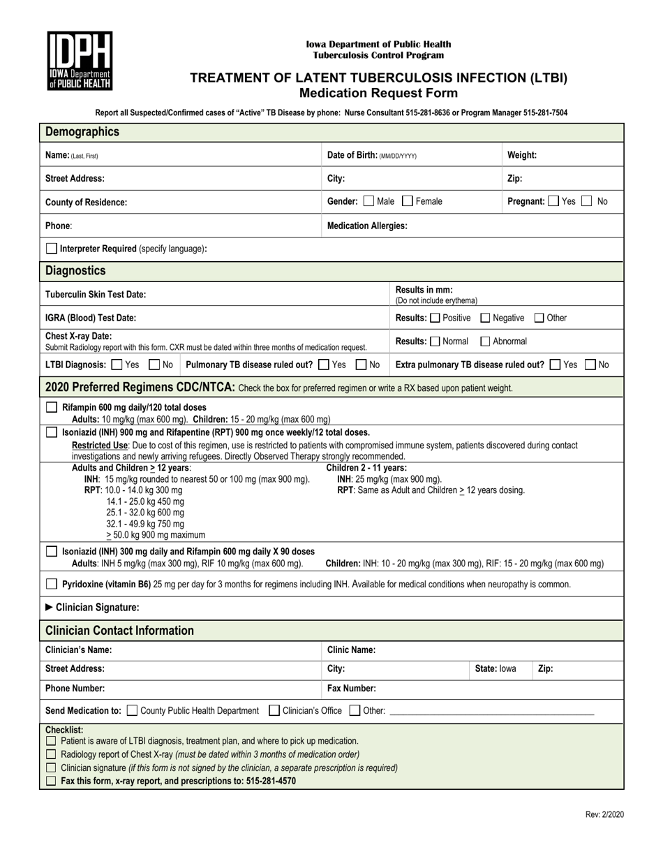 Treatment of Latent Tuberculosis Infection (Ltbi) Medication Request Form - Iowa, Page 1