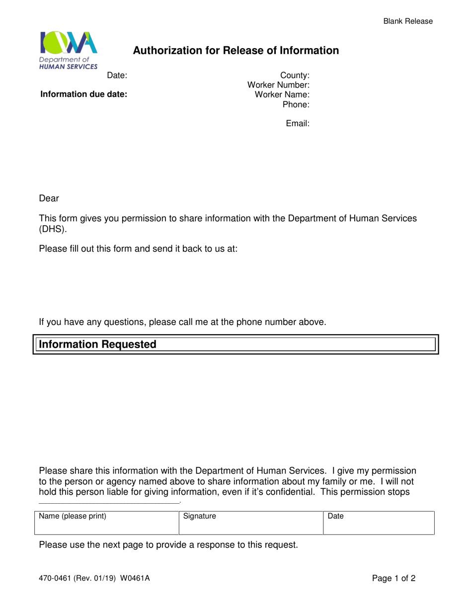 Form 470-0461 Authorization for Release of Information - Iowa, Page 1