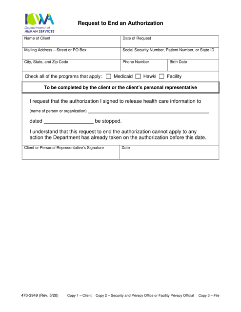 Form 470-3949 Request to End an Authorization - Iowa