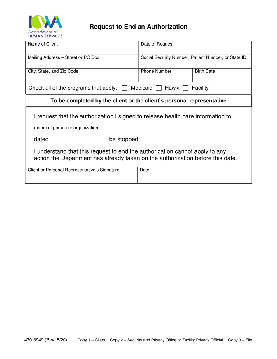 Form 470-3949 Request to End an Authorization - Iowa, Page 1