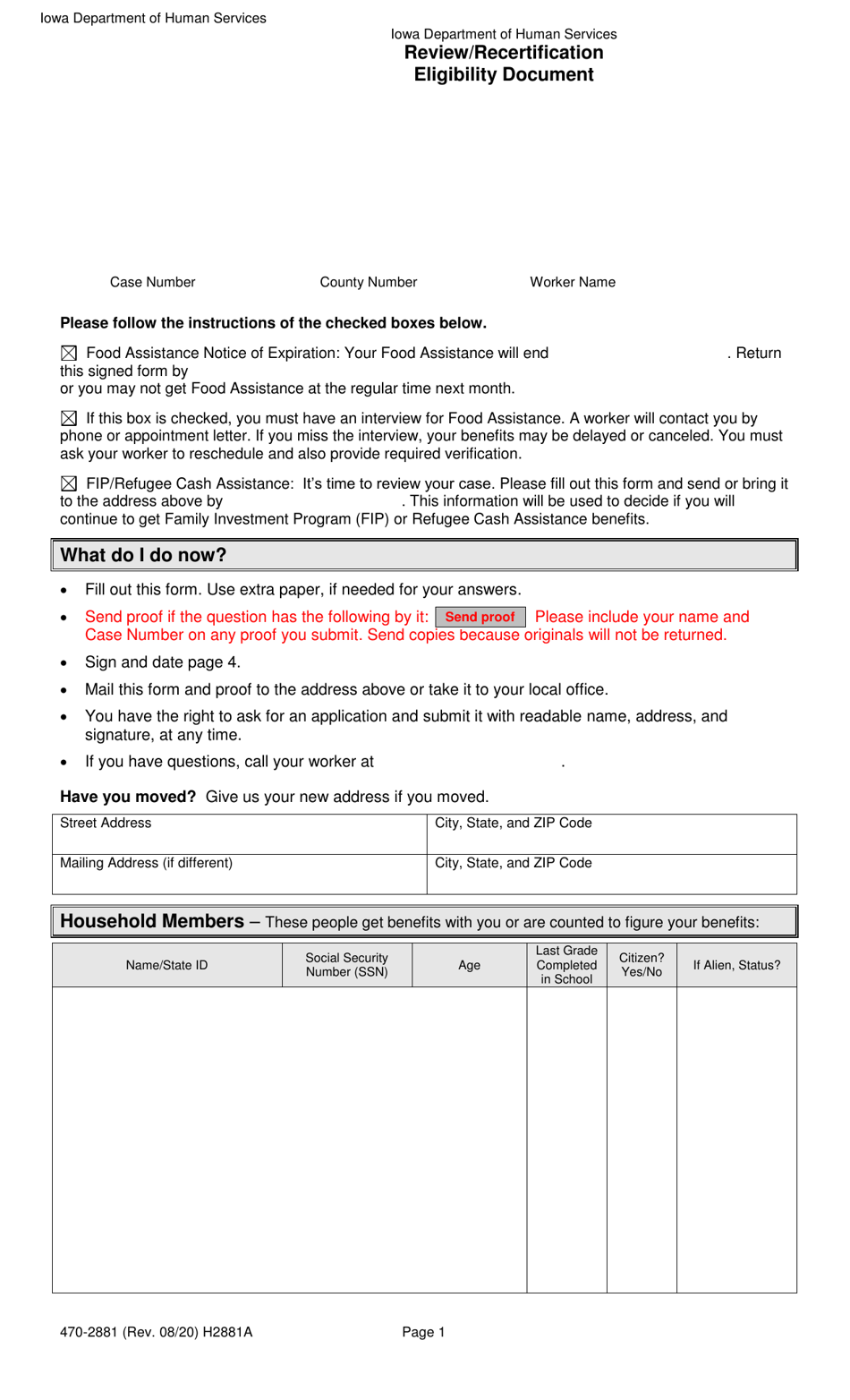 Form 470-2881 Review / Recertification Eligibility Document - Iowa, Page 1