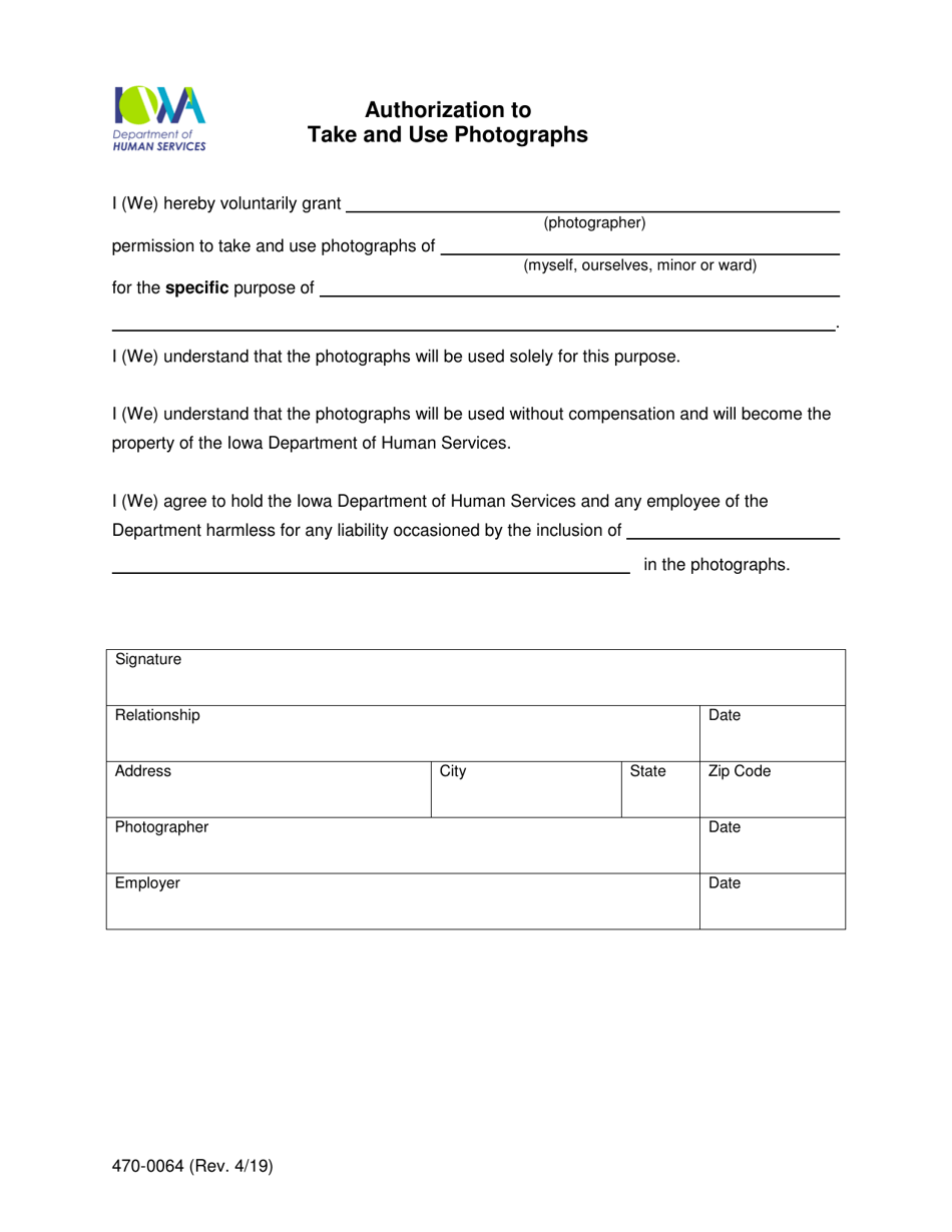 Form 470-0064 Authorization to Take and Use Photographs - Iowa, Page 1