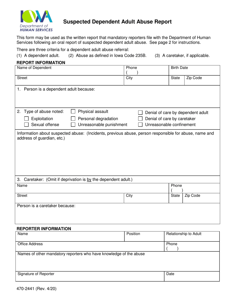 Form 470-2441 Suspected Dependent Adult Abuse Report - Iowa, Page 1