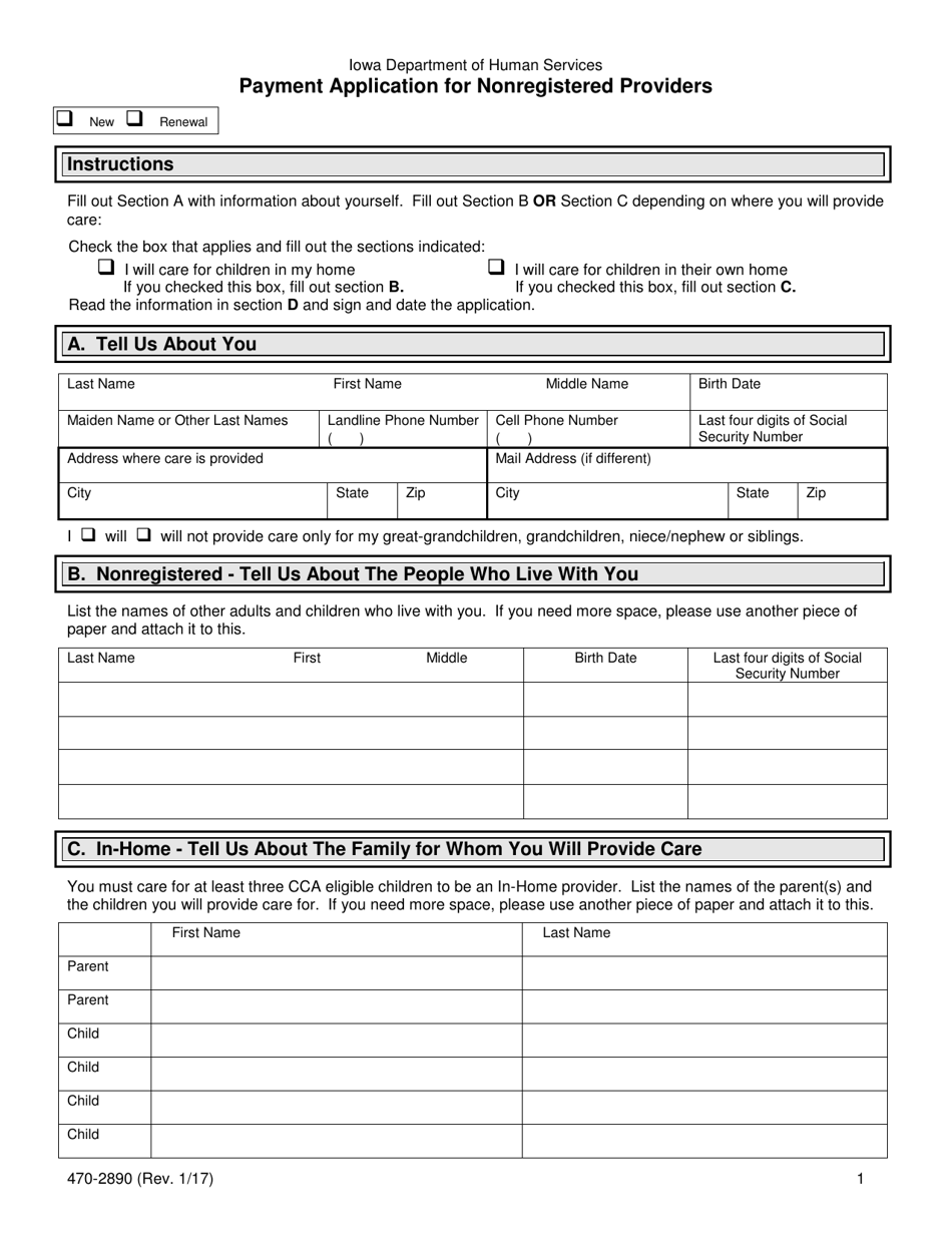 Form 470-2890 Payment Application for Nonregistered Providers - Iowa, Page 1