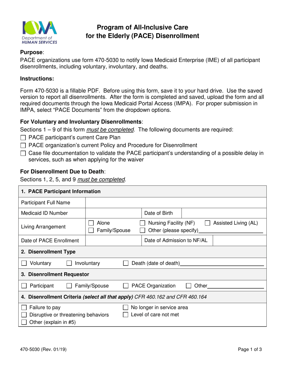 Form 470-5030 Program of All-inclusive Care for the Elderly (Pace) Disenrollment - Iowa, Page 1