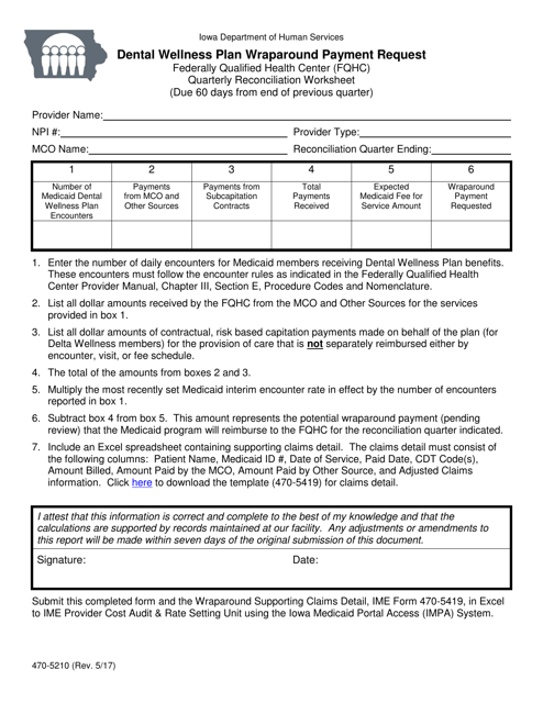 Form 470-5210 Dental Wellness Plan Wraparound Payment Request - Iowa