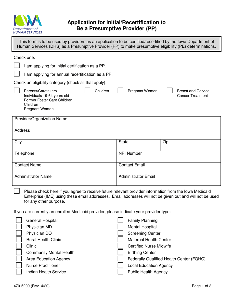 Form 470-5200 Application for Initial / Recertification to Be a Presumptive Provider (Pp) - Iowa, Page 1