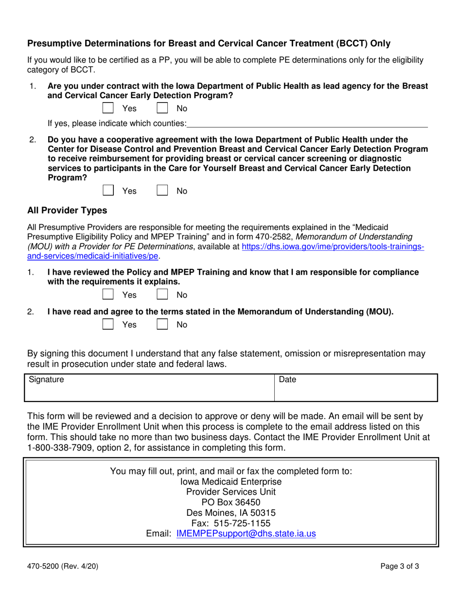 Form 470-5200 Application for Initial / Recertification to Be a Presumptive Provider (Pp) - Iowa, Page 3