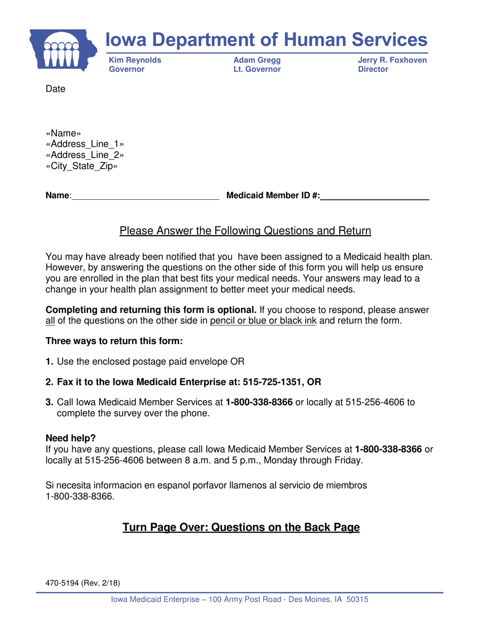 Form 470-5194 Medically Exempt Member Survey - Iowa, Page 1