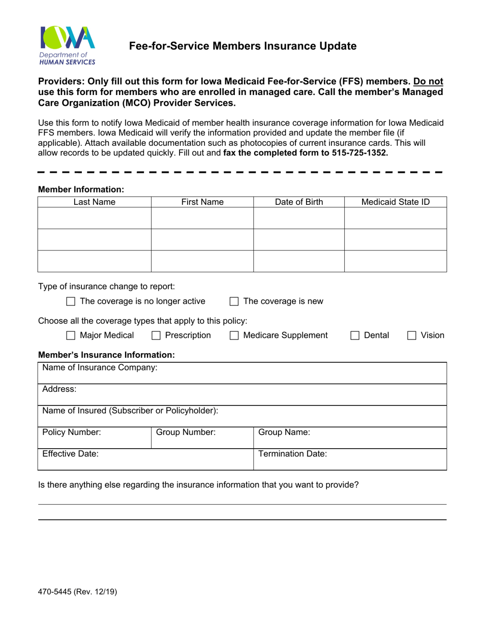 Form 470-5445 Fee-For-Service Members Insurance Update - Iowa, Page 1