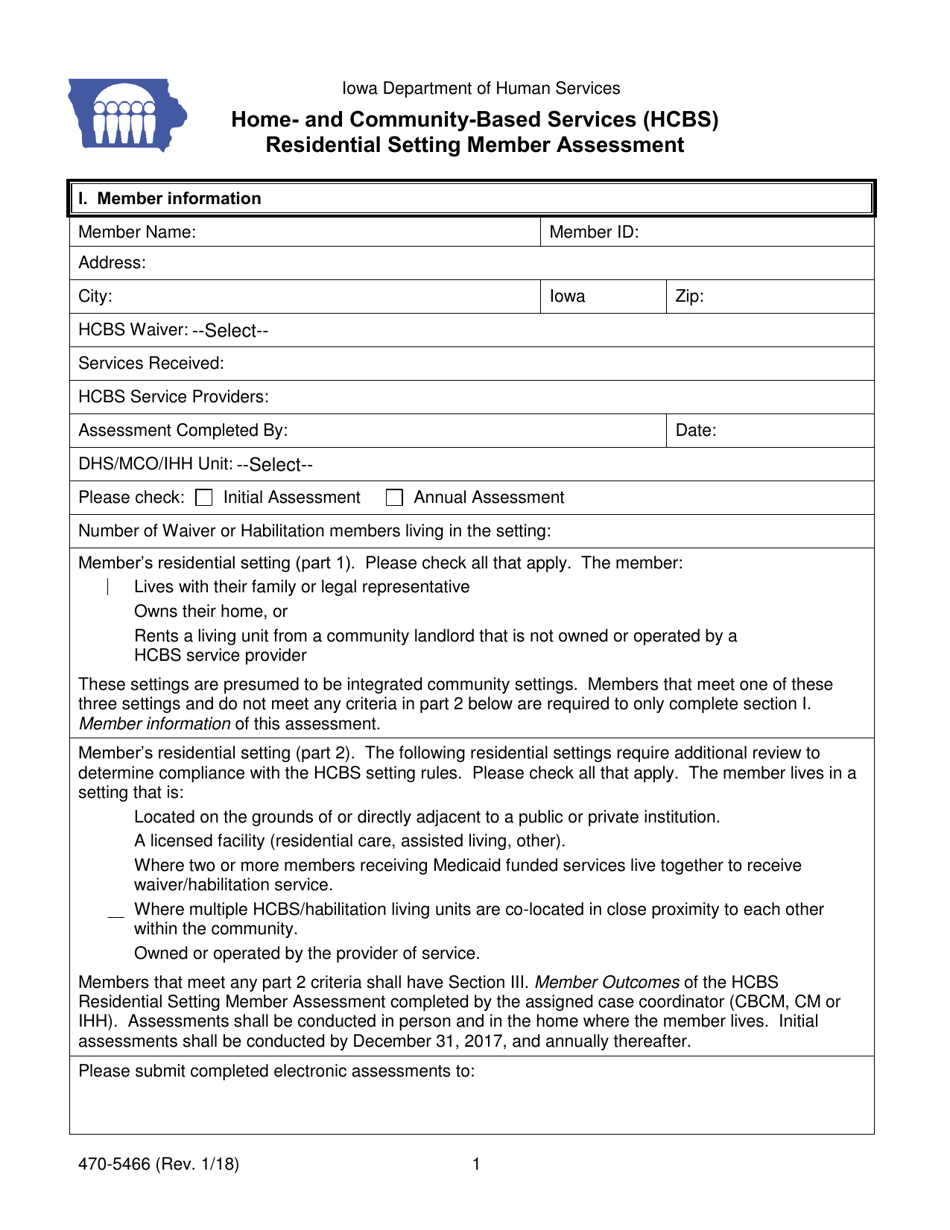 Form 470-5466 Home- and Community-Based Services (Hcbs) Residential Setting Member Assessment - Iowa, Page 1