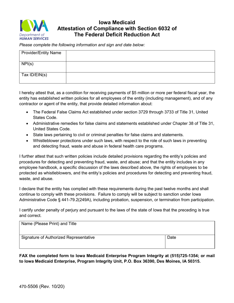 Form 470-5506 Attestation of Compliance With Section 6032 of the Federal Deficit Reduction Act - Iowa, Page 1