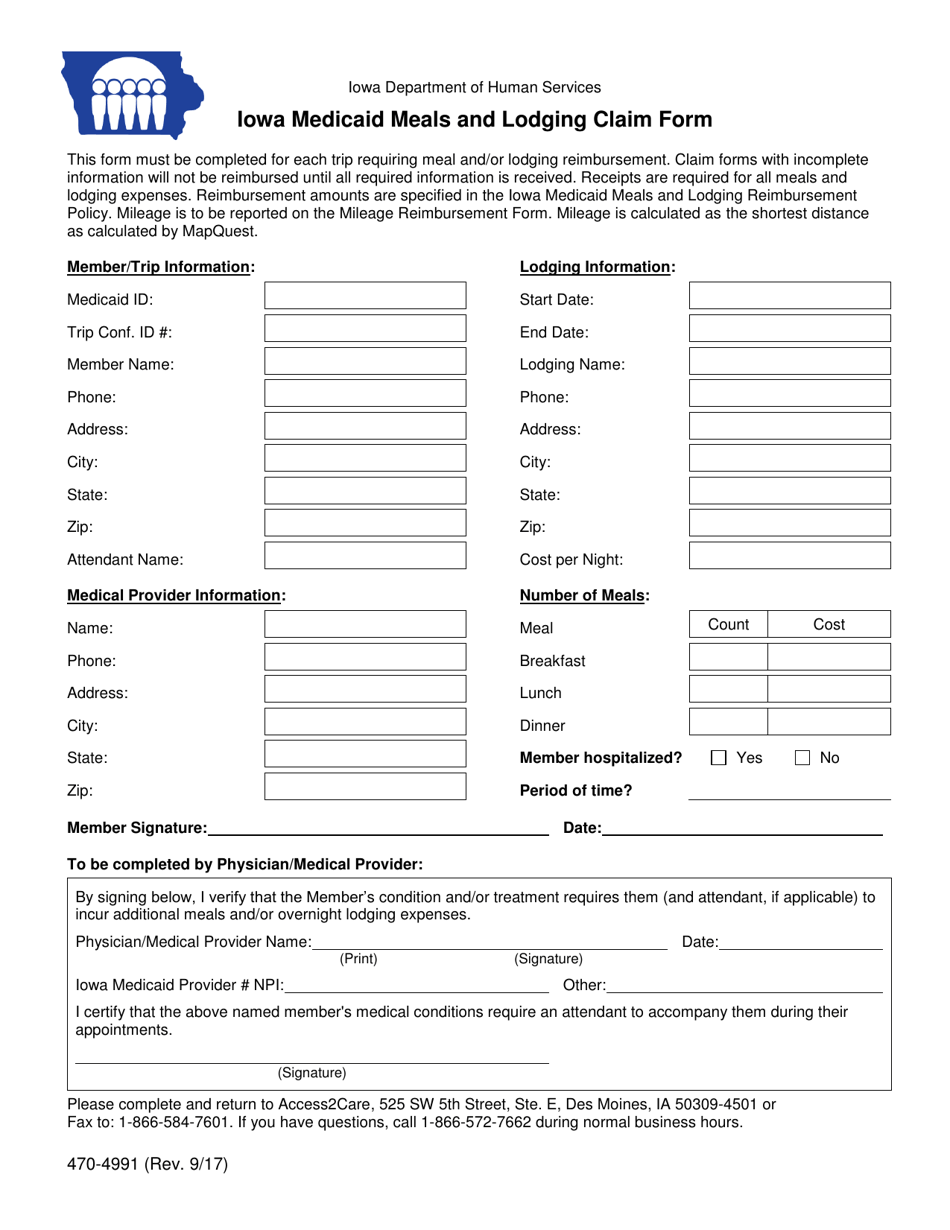Form 470-4991 Iowa Medicaid Meals and Lodging Claim Form - Iowa, Page 1