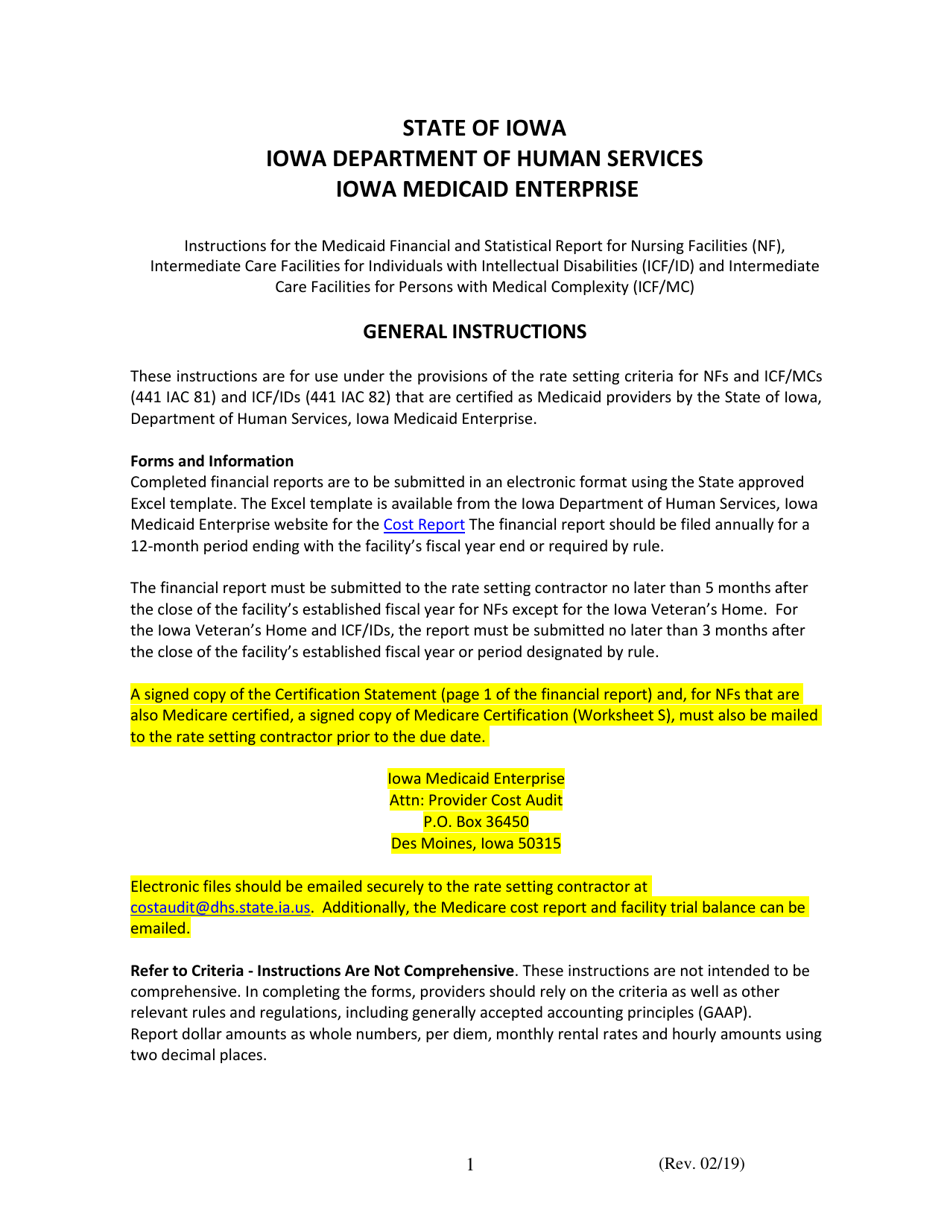 Instructions for Financial  Statistical Report - Iowa, Page 1