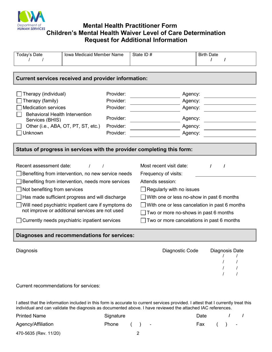 Form 470-5635 Mental Health Practitioner Form Childrens Mental Health Waiver Level of Care Determination Request for Additional Information - Iowa, Page 1