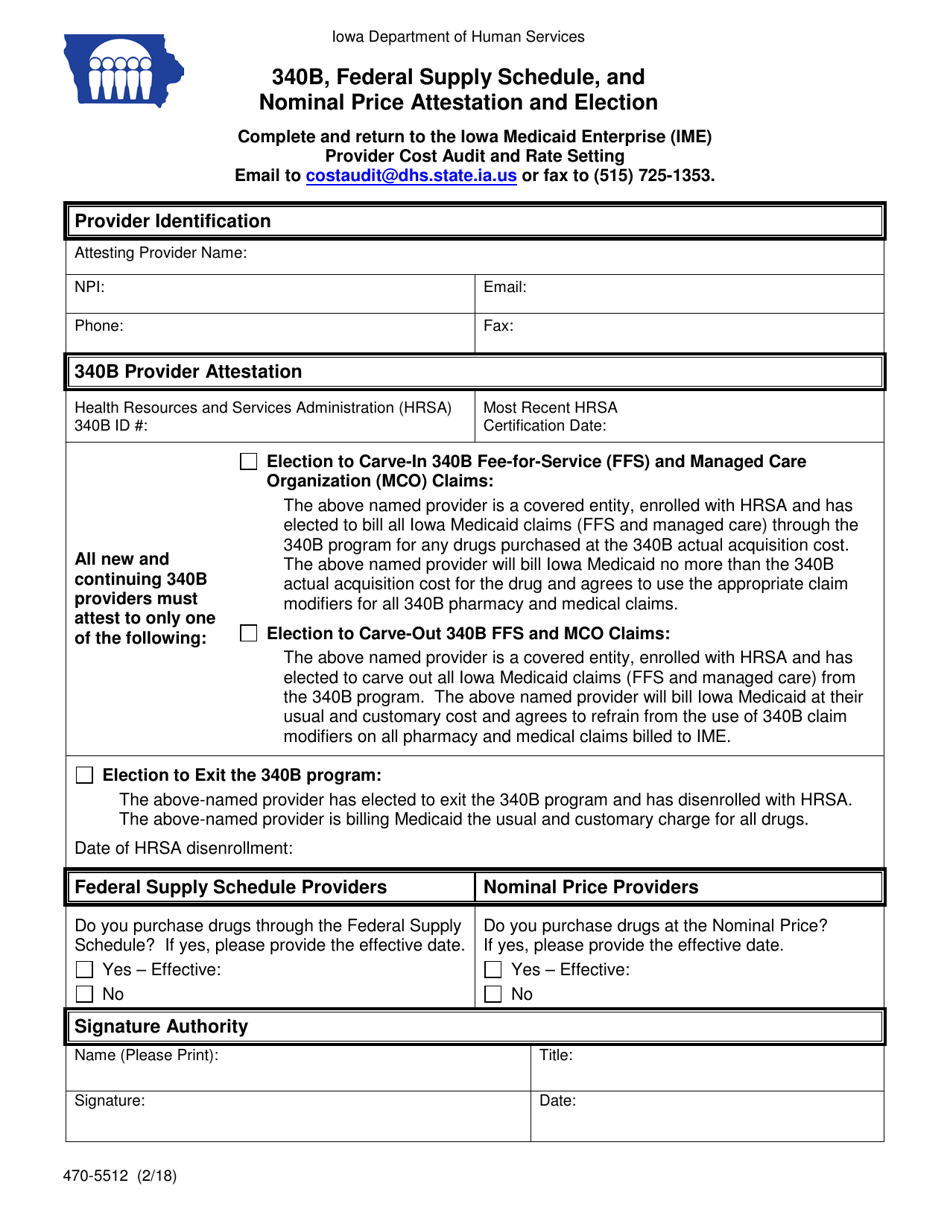 Form 470-5512 340b, Federal Supply Schedule, and Nominal Price Attestation and Election - Iowa, Page 1