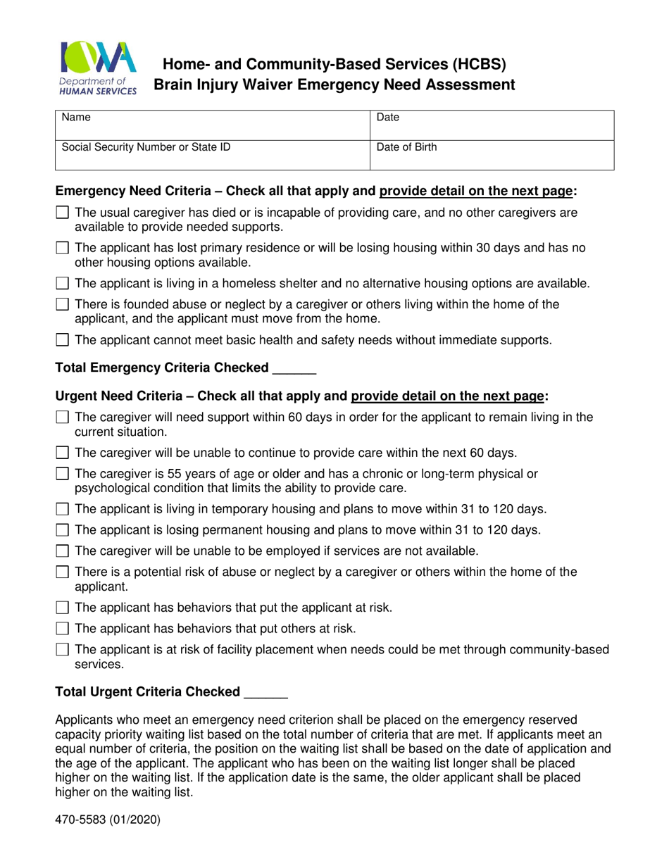 Form 470-5583 Home- and Community-Based Services (Hcbs) Brain Injury Waiver Emergency Need Assessment - Iowa, Page 1