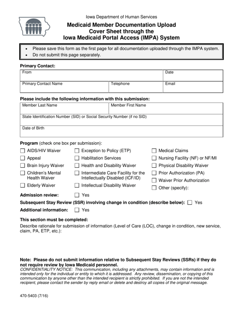 Form 470-5403 Medicaid Member Documentation Upload Cover Sheet Through the Iowa Medicaid Portal Access (Impa) System - Iowa
