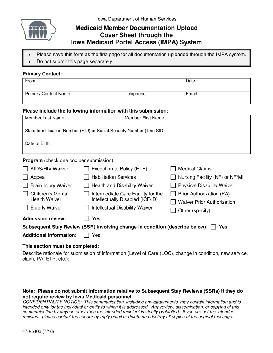 Form 470-5403 Medicaid Member Documentation Upload Cover Sheet Through the Iowa Medicaid Portal Access (Impa) System - Iowa, Page 1