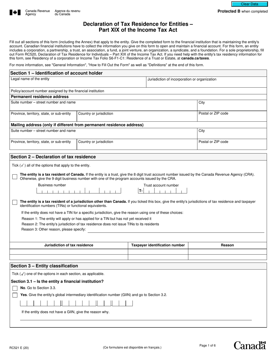 Form RC521 Declaration of Tax Residence for Entities - Part Xix of the Income Tax Act - Canada, Page 1