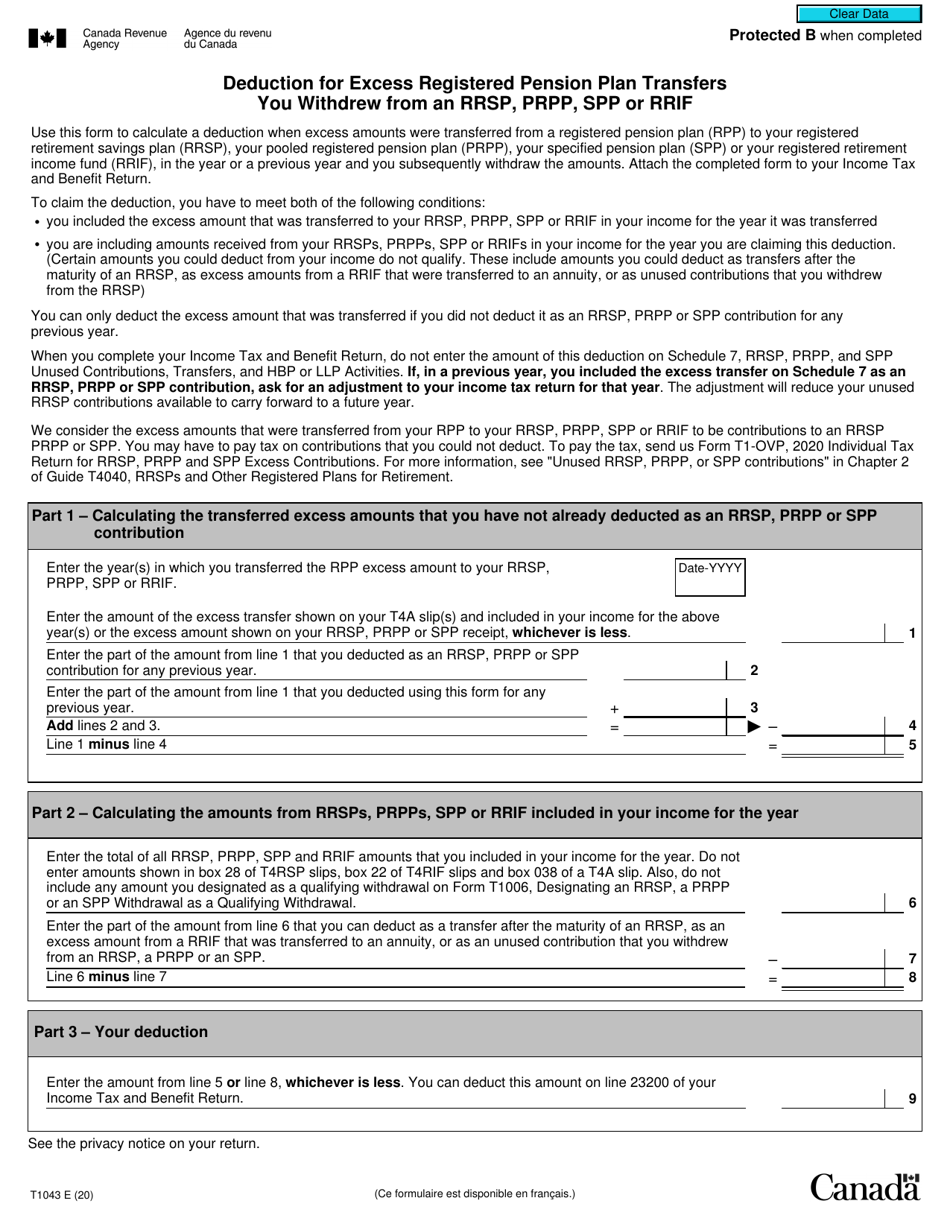 Form T1043 Deduction for Excess Registered Pension Plan Transfers You Withdrew From an Rrsp, Prpp, Spp or Rrif - Canada, Page 1