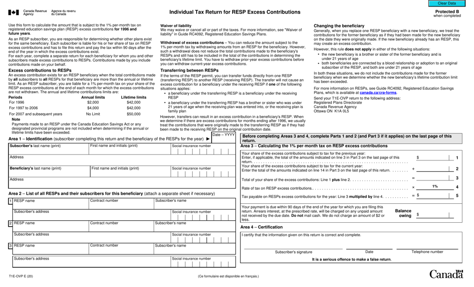 Form T1E-OVP Individual Tax Return for Resp Excess Contributions - Canada, Page 1