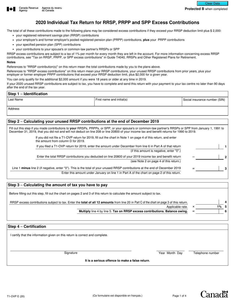 Form T1-OVP Individual Tax Return for Rrsp, Prpp and Spp Excess Contributions - Canada, Page 1
