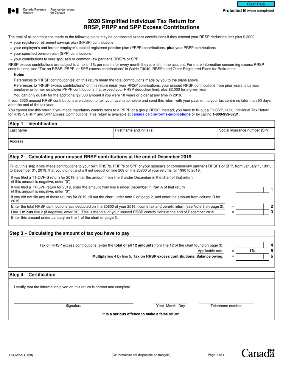 Form T1-OVP-S Simplified Individual Tax Return for Rrsp, Prpp and Spp Excess Contributions - Canada, Page 1
