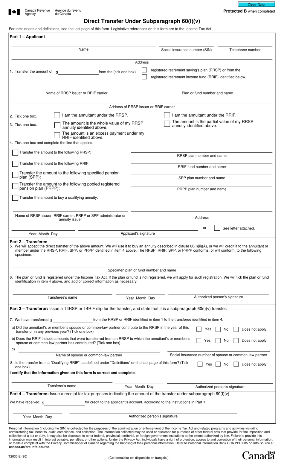 Form T2030 Direct Transfer Under Subparagraph 60(I)(V) - Canada, Page 1